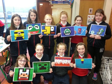 5th &6th  Class girls with very colourful pixel art!